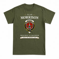 Morrison Red Modern Tartan Crest Mischief and Mayhem T-shirt