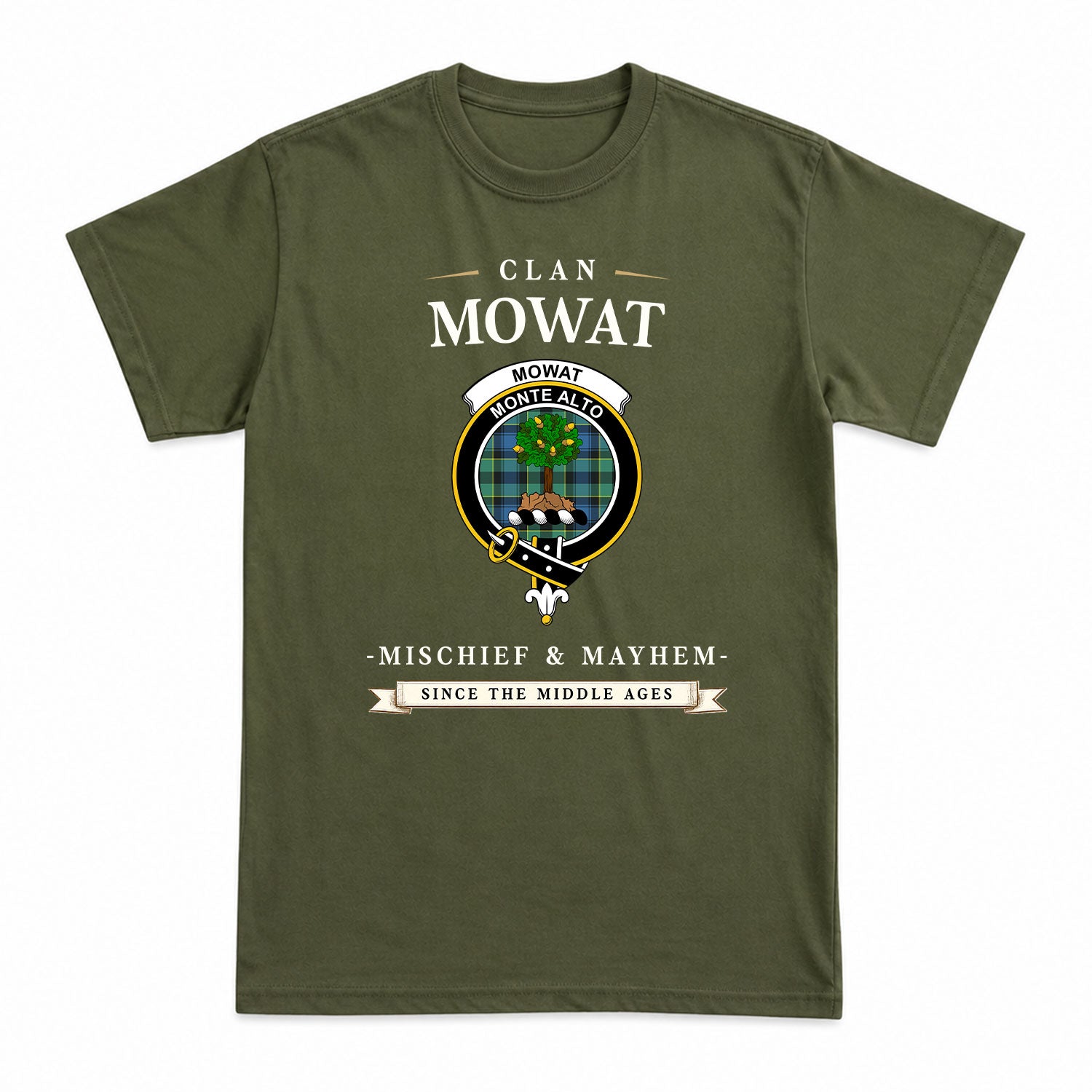 Mowat Ancient Tartan Crest Mischief and Mayhem T-shirt