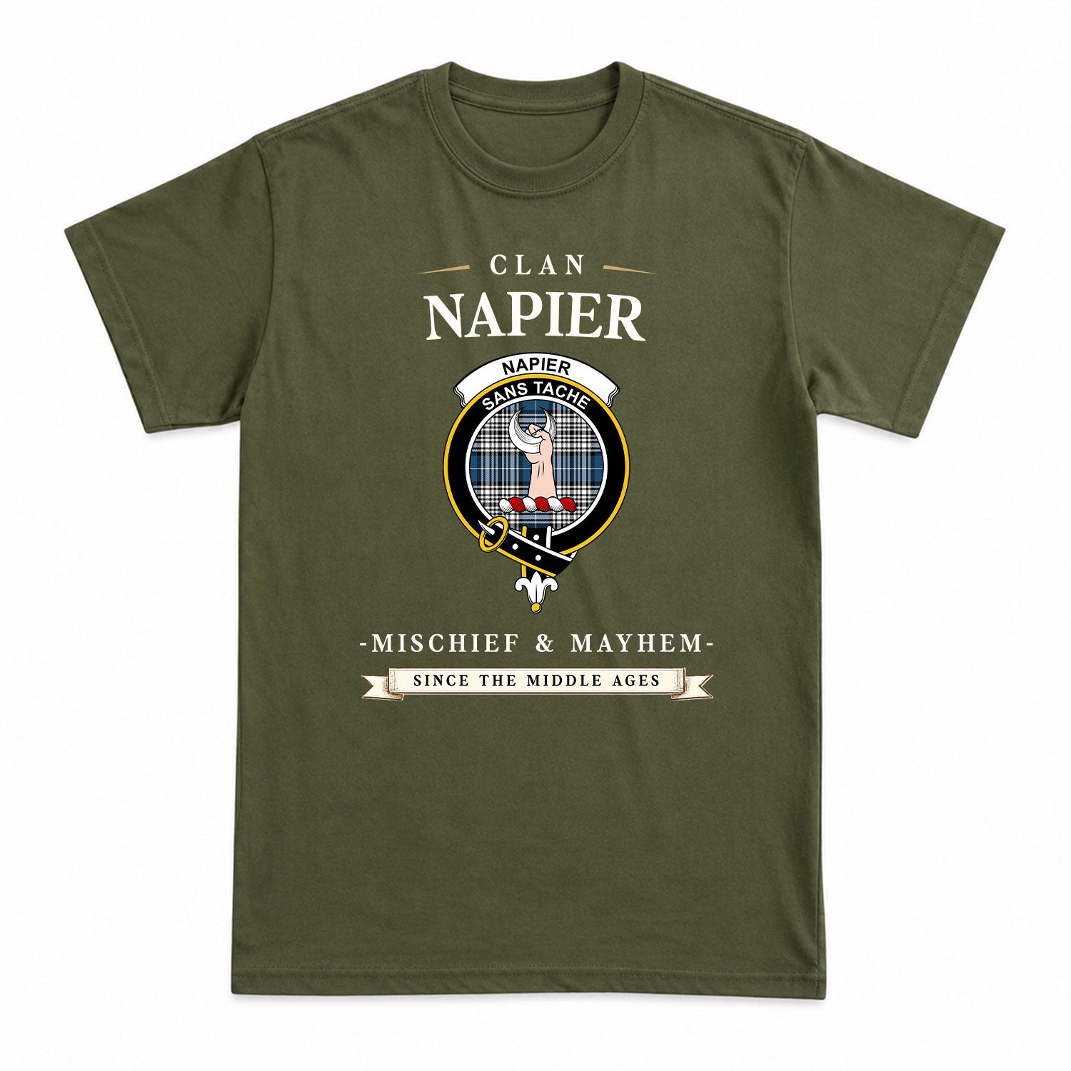 Napier Modern Tartan Crest Mischief and Mayhem T-shirt