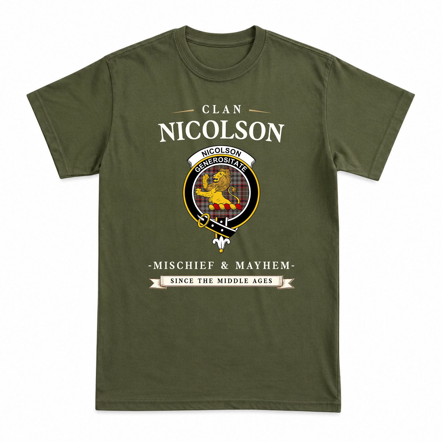 Nicolson Hunting Weathered Tartan Crest Mischief and Mayhem T-shirt