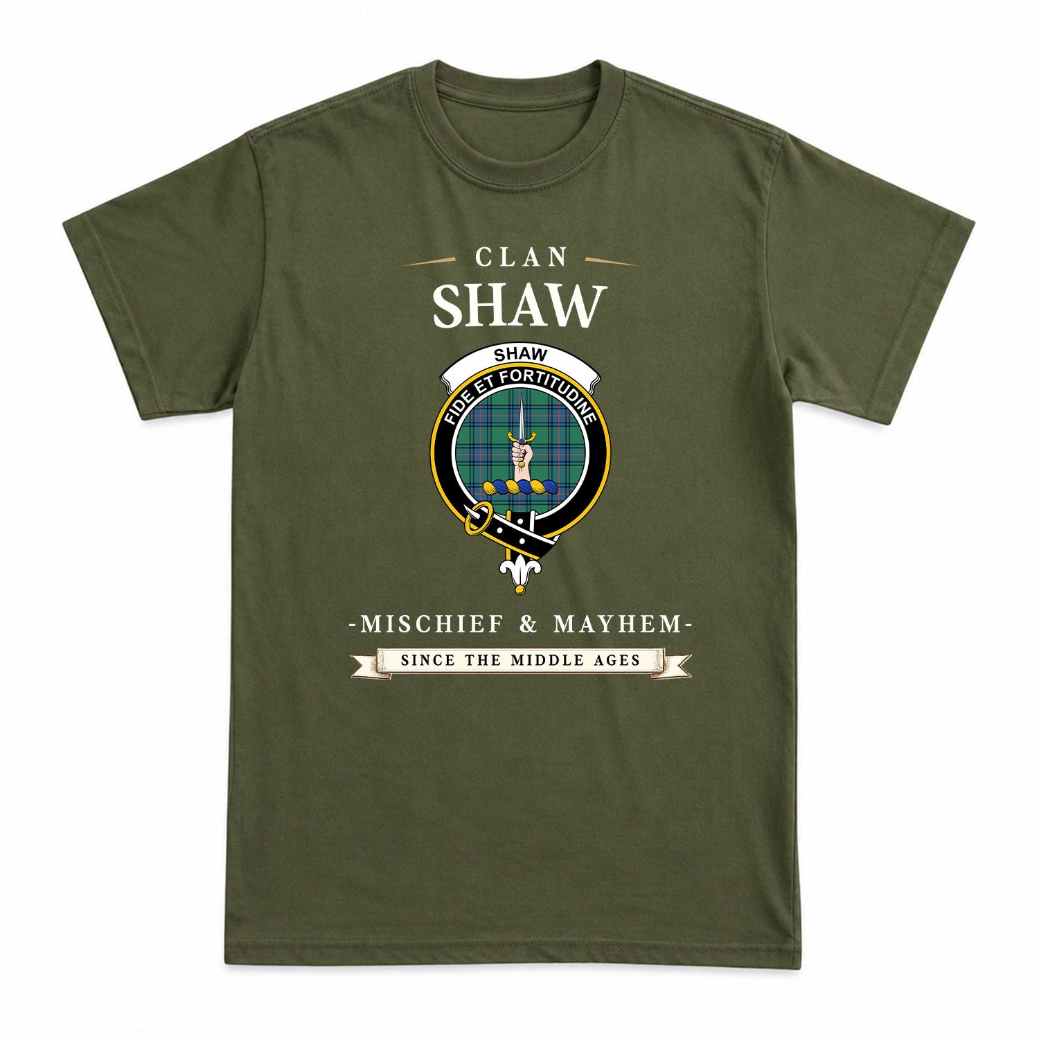 Shaw Ancient Tartan Crest Mischief and Mayhem T-shirt