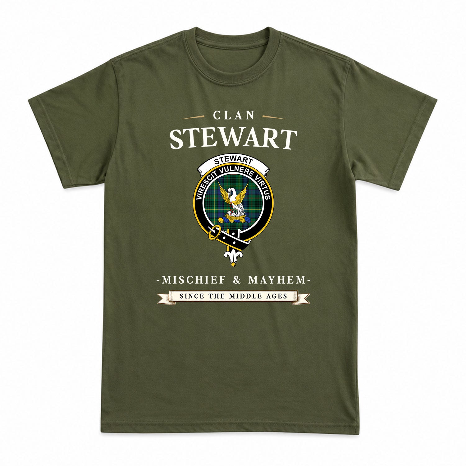 Stewart Hunting Modern Tartan Crest Mischief and Mayhem T-shirt