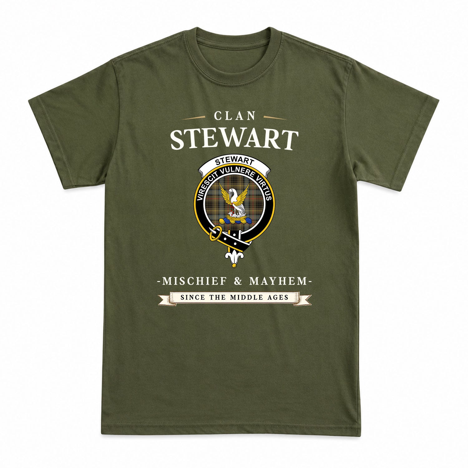 Stewart Hunting Weathered Tartan Crest Mischief and Mayhem T-shirt