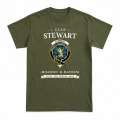 Stewart Old Ancient Tartan Crest Mischief and Mayhem T-shirt