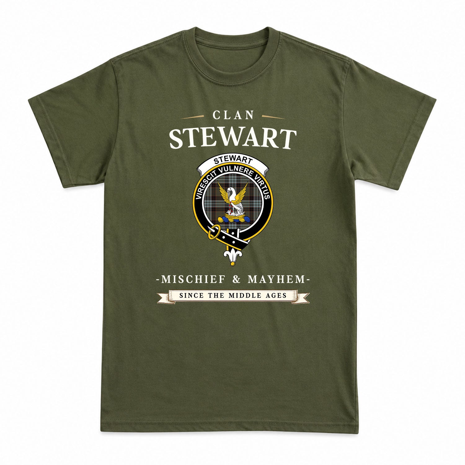 Stewart Old Weathered Tartan Crest Mischief and Mayhem T-shirt