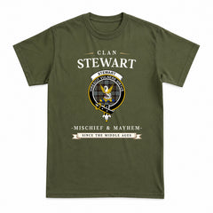 Stewart Old Weathered Tartan Crest Mischief and Mayhem T-shirt