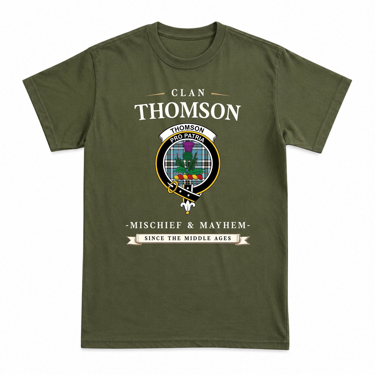 Thomson Blue Tartan Crest Mischief and Mayhem T-shirt