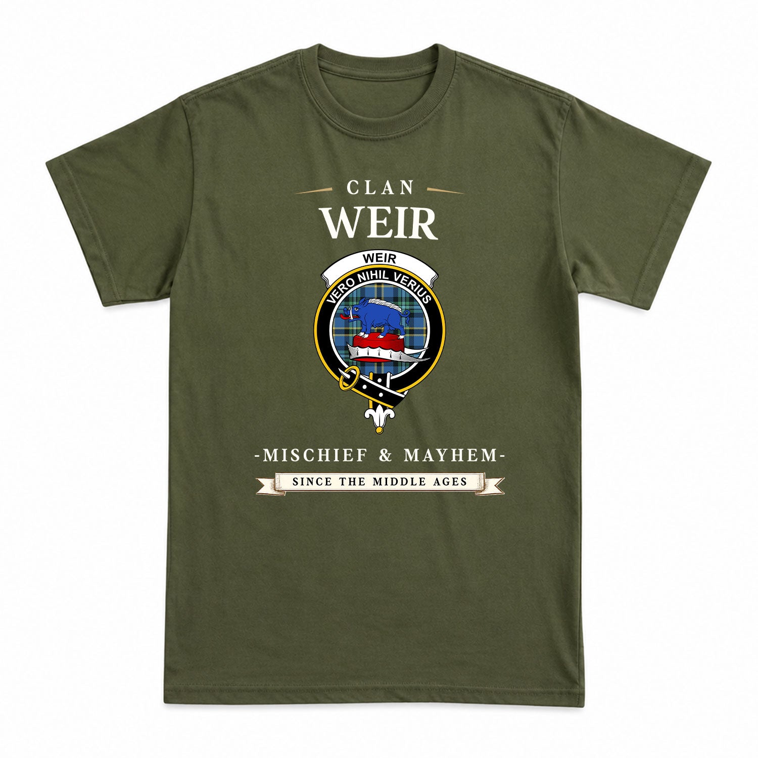 Weir Ancient Tartan Crest Mischief and Mayhem T-shirt
