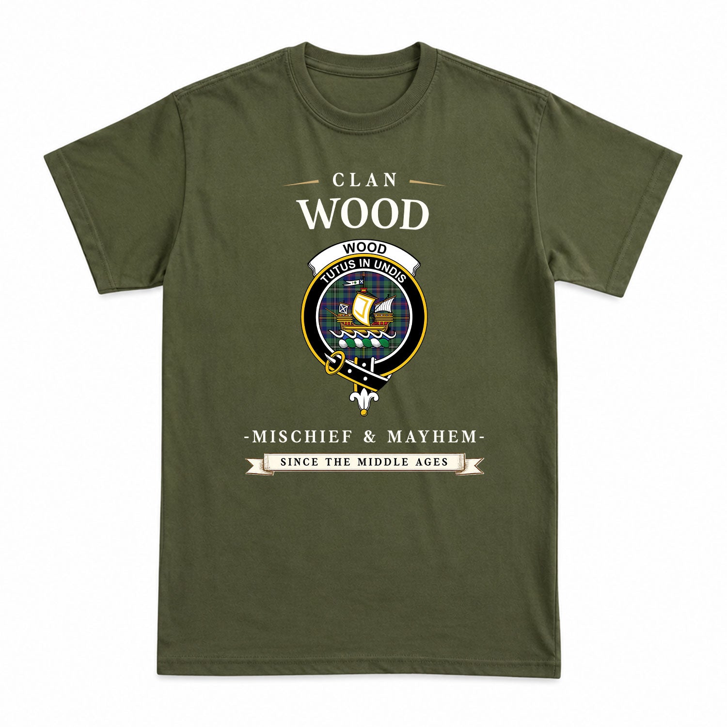 Wood Tartan Crest Mischief and Mayhem T-shirt