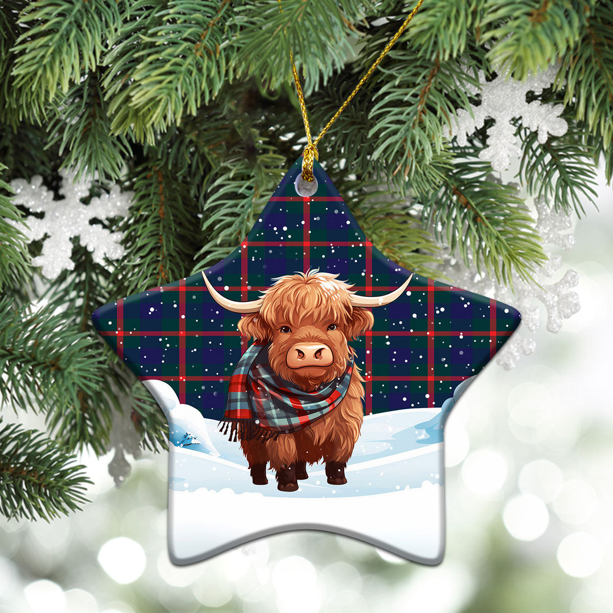 Agnew Modern Tartan Christmas Ceramic Ornament - Highland Cows Snow Style