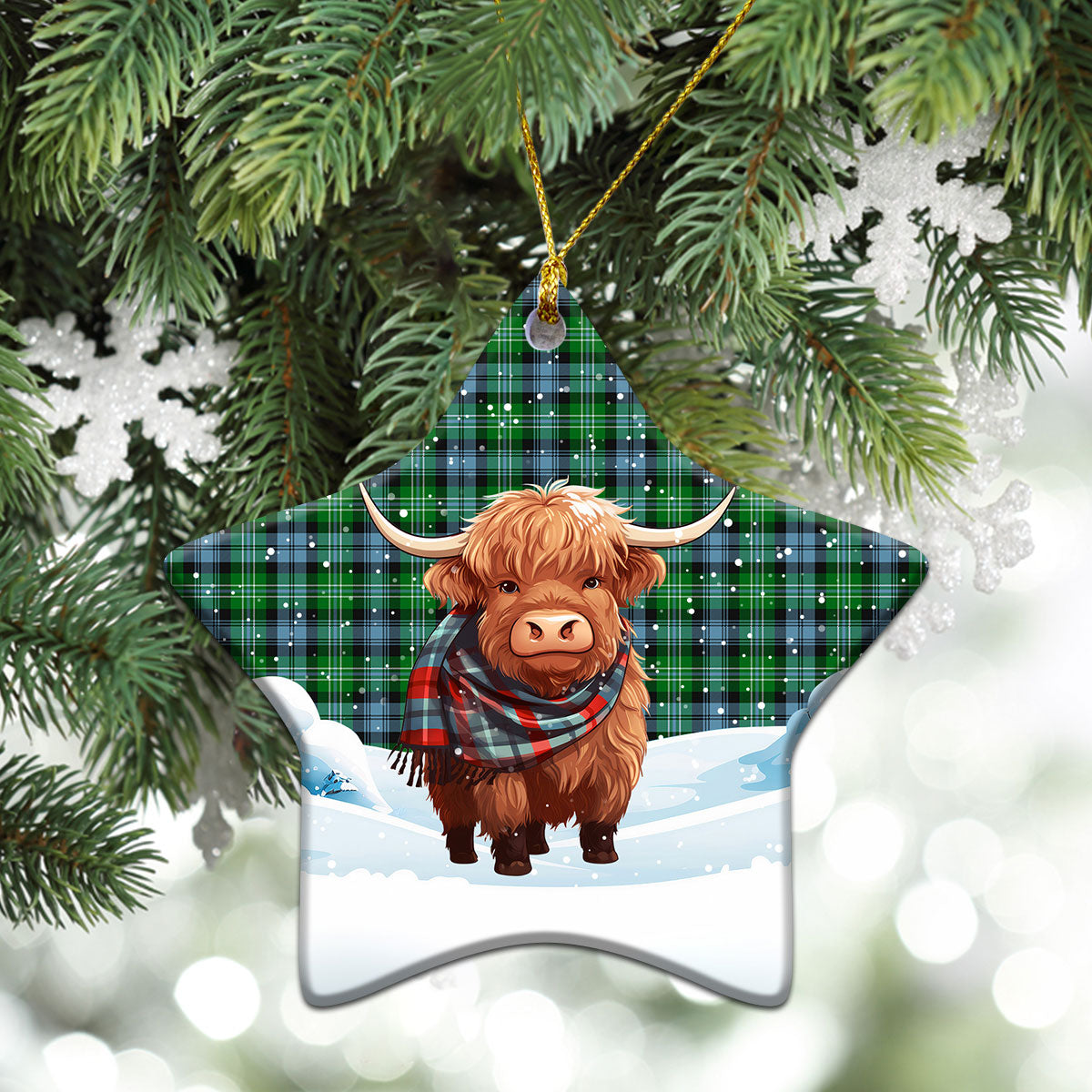 Arbuthnot Ancient Tartan Christmas Ceramic Ornament - Highland Cows Snow Style