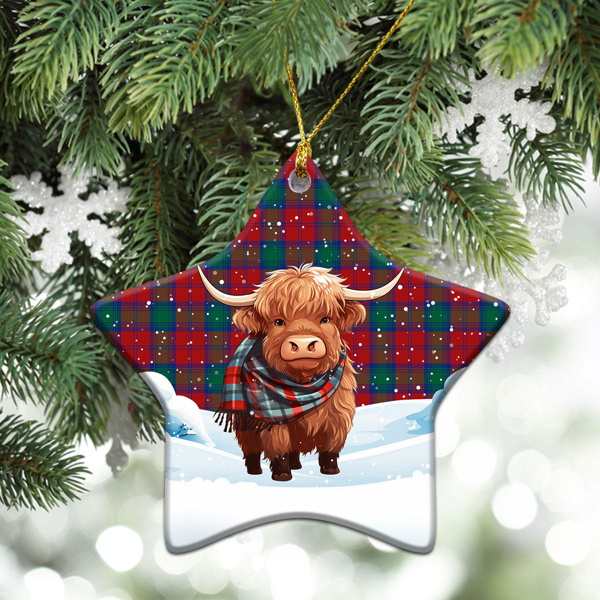 Auchinleck Tartan Christmas Ceramic Ornament - Highland Cows Snow Style