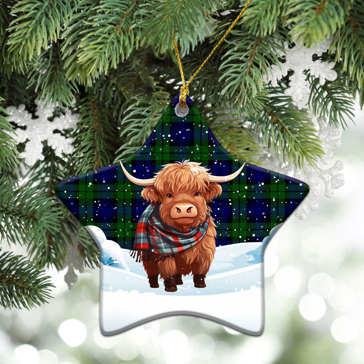Bannatyne Tartan Christmas Ceramic Ornament - Highland Cows Snow Style