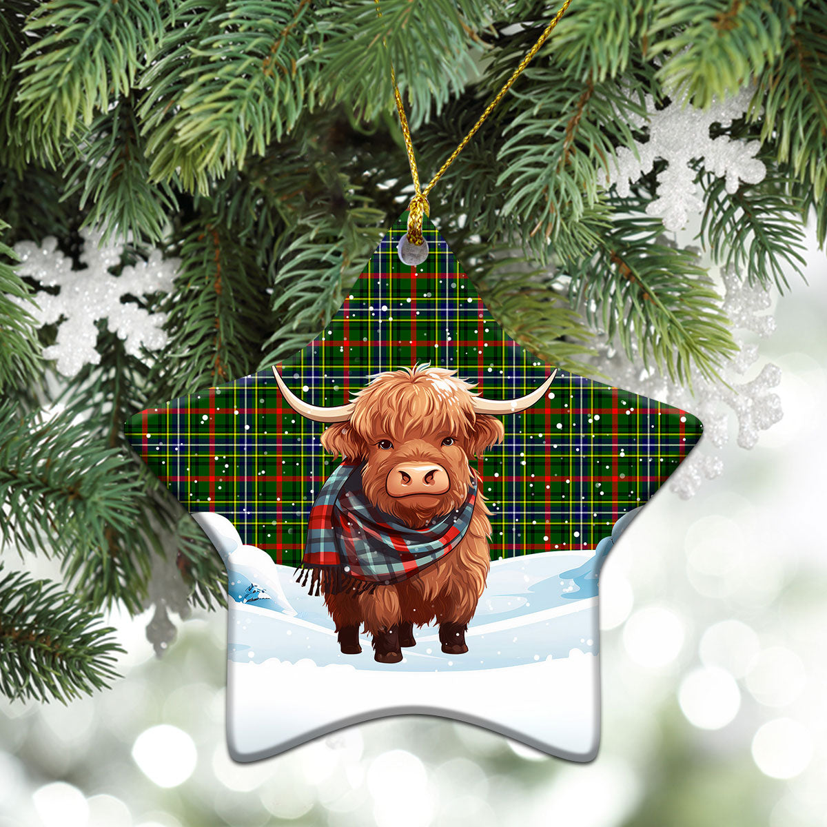 Bisset Tartan Christmas Ceramic Ornament - Highland Cows Snow Style