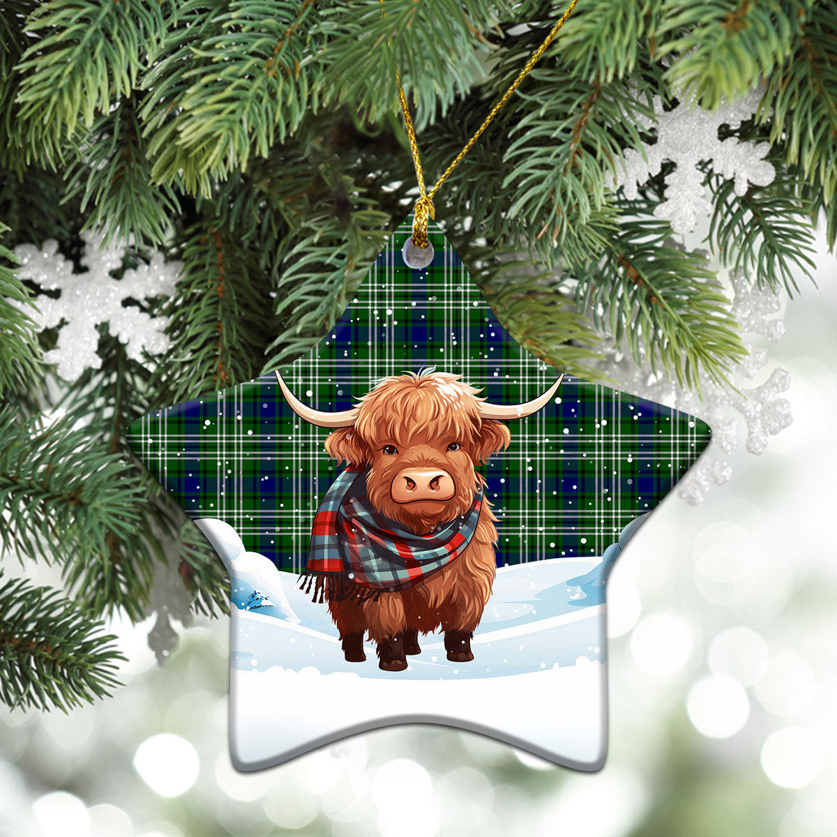 Blackadder Tartan Christmas Ceramic Ornament - Highland Cows Snow Style