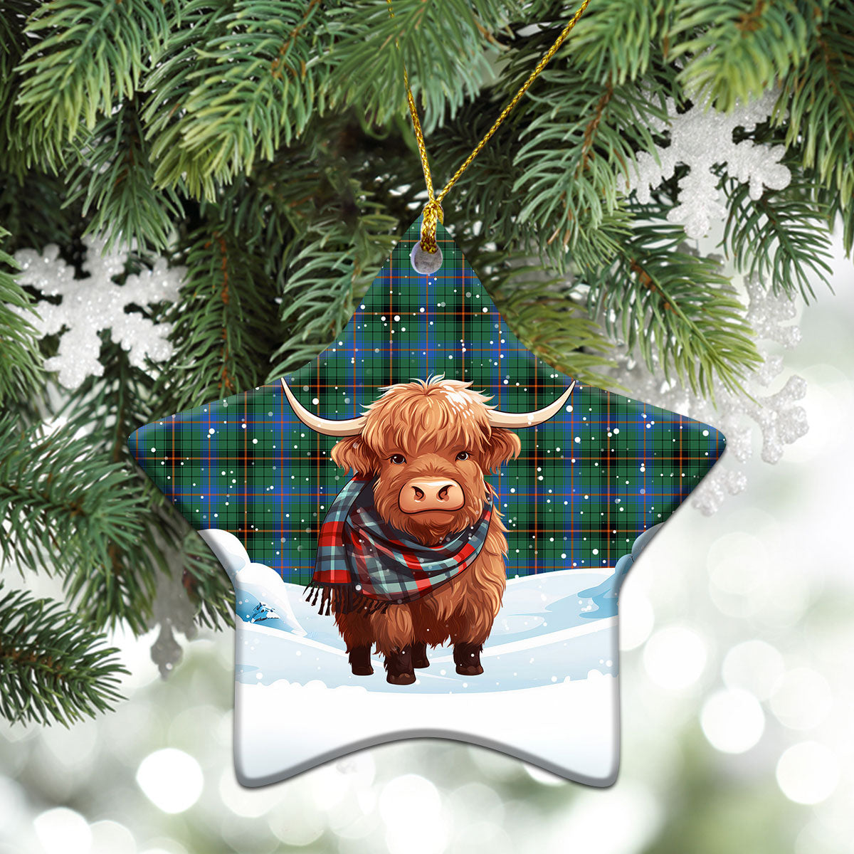 Davidson Ancient Tartan Christmas Ceramic Ornament - Highland Cows Snow Style