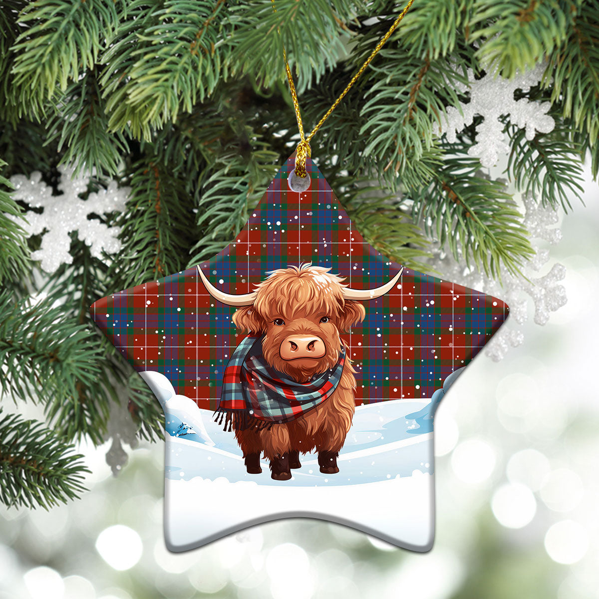 Fraser (of Lovat) Ancient Tartan Christmas Ceramic Ornament - Highland Cows Snow Style