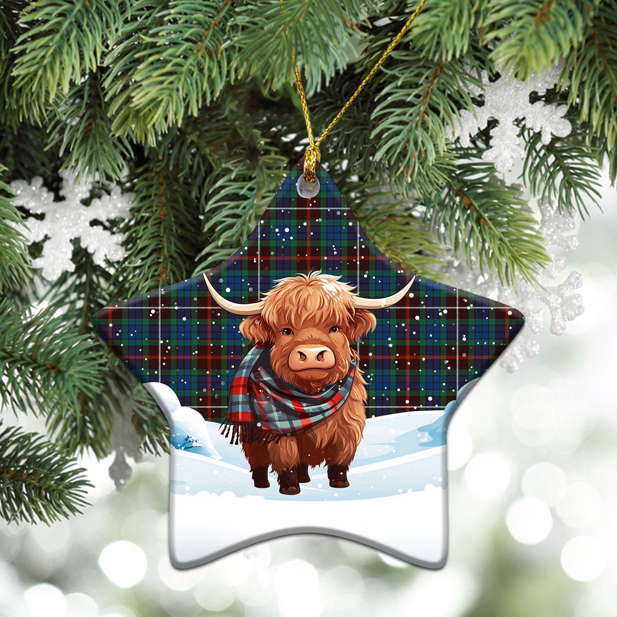 Fraser (of Lovat) Hunting Ancient Tartan Christmas Ceramic Ornament - Highland Cows Snow Style