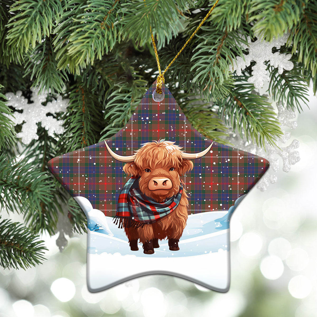 Fraser (of Lovat) Hunting Modern Tartan Christmas Ceramic Ornament - Highland Cows Snow Style