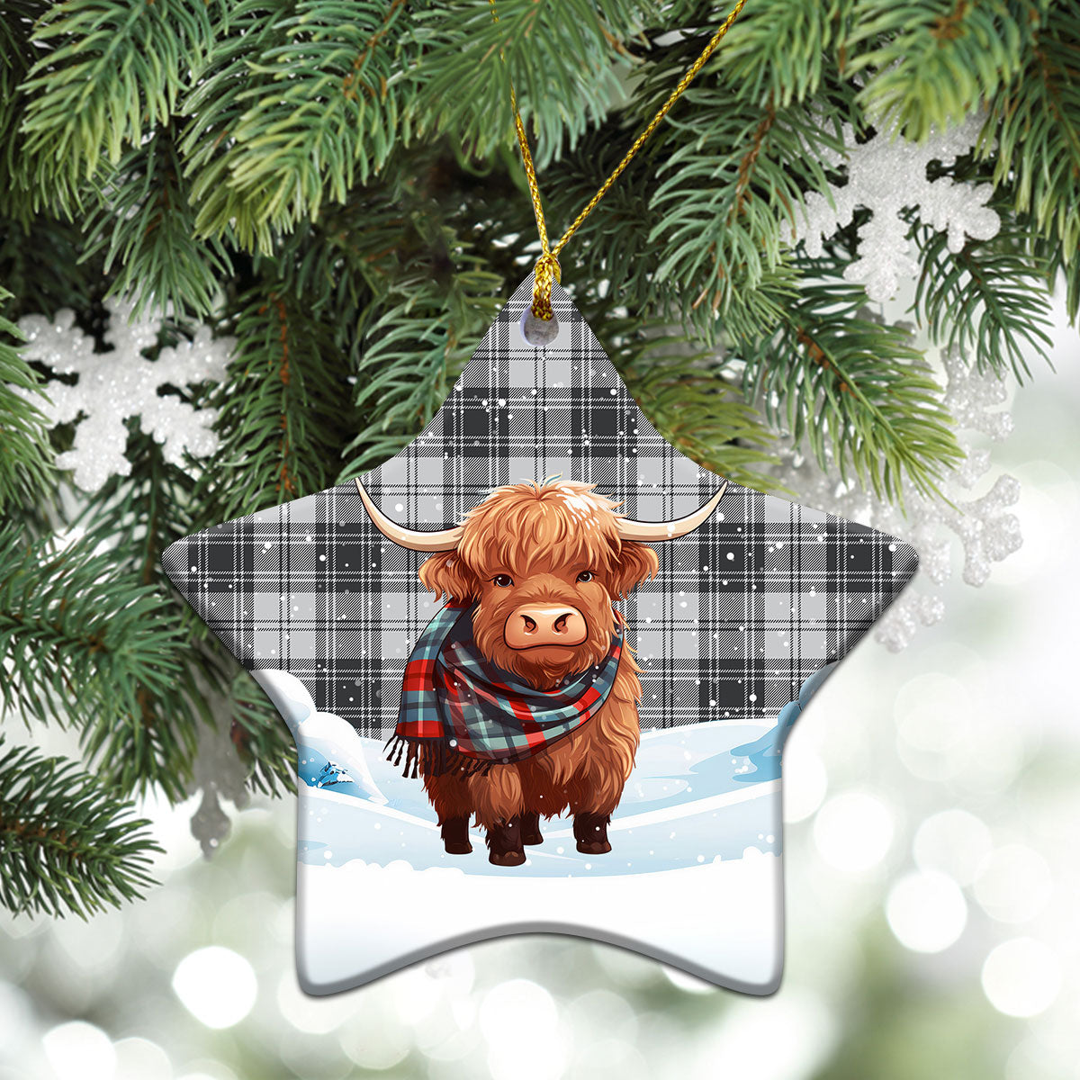 Glen Tartan Christmas Ceramic Ornament - Highland Cows Snow Style