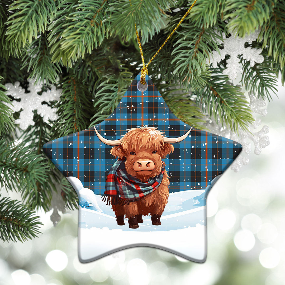Horsburgh Tartan Christmas Ceramic Ornament - Highland Cows Snow Style