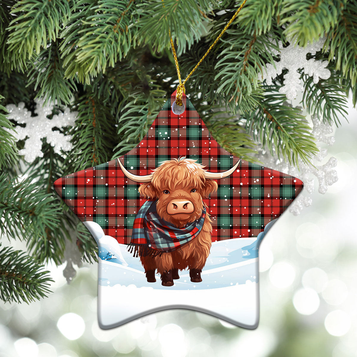 Kerr Ancient Tartan Christmas Ceramic Ornament - Highland Cows Snow Style