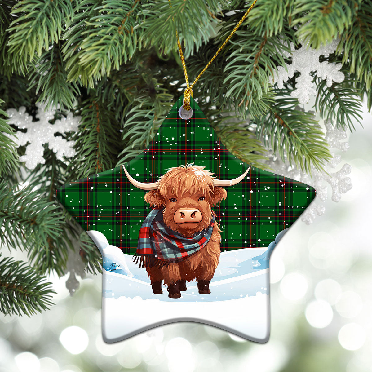 Kinnear Tartan Christmas Ceramic Ornament - Highland Cows Snow Style