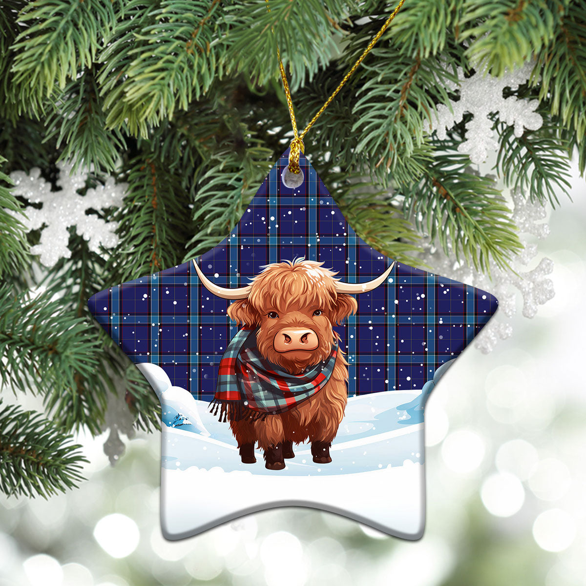 Kirkcaldy Tartan Christmas Ceramic Ornament - Highland Cows Snow Style