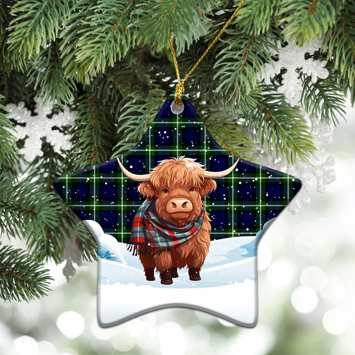 Lamont Modern Tartan Christmas Ceramic Ornament - Highland Cows Snow Style