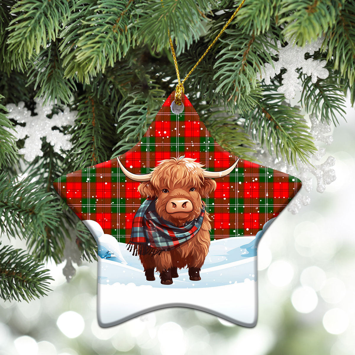 Lennox Tartan Christmas Ceramic Ornament - Highland Cows Snow Style