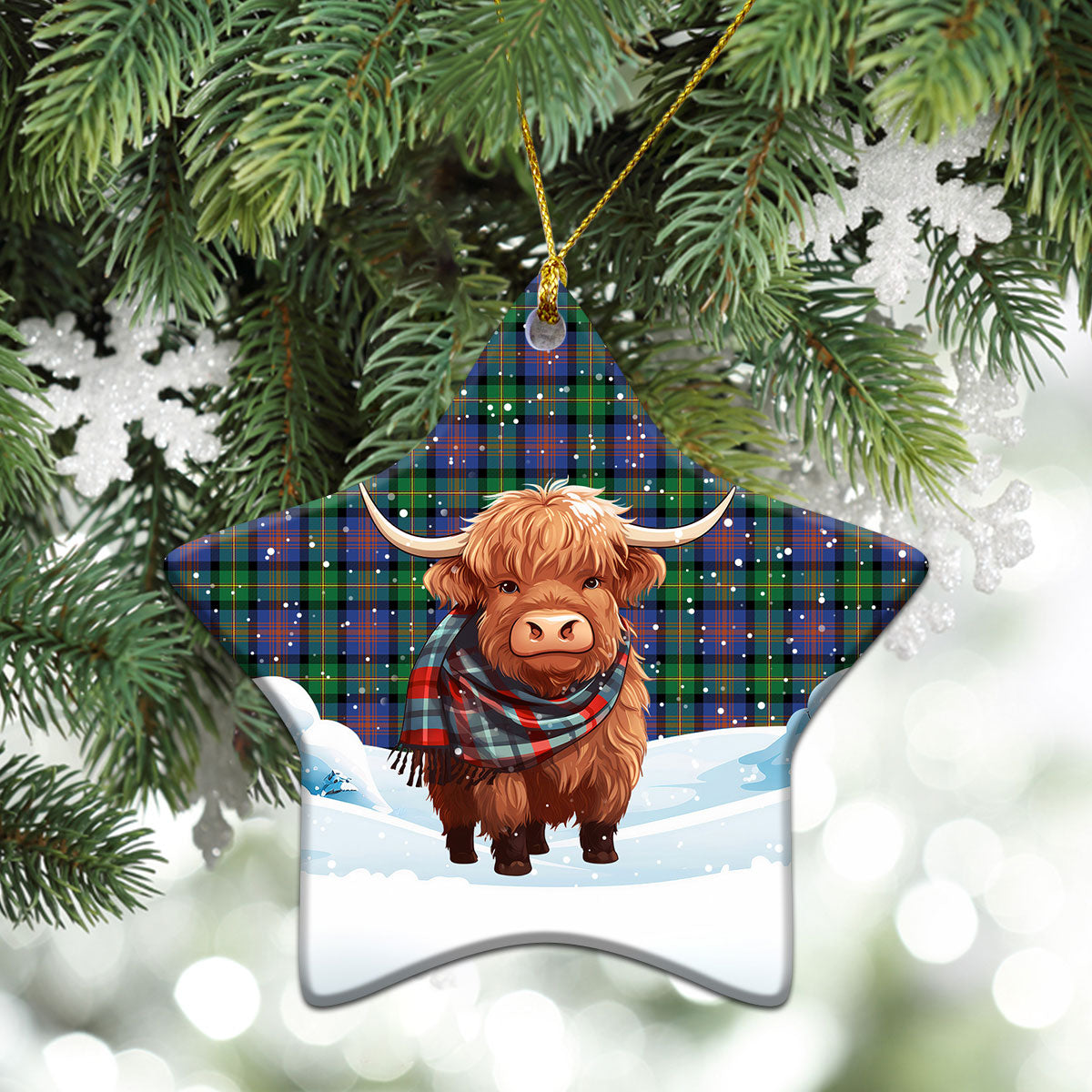 Logan Ancient Tartan Christmas Ceramic Ornament - Highland Cows Snow Style