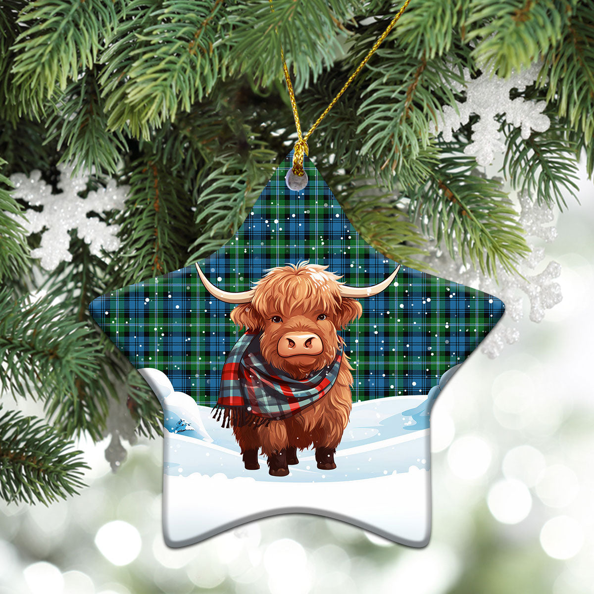 Lyon Tartan Christmas Ceramic Ornament - Highland Cows Snow Style