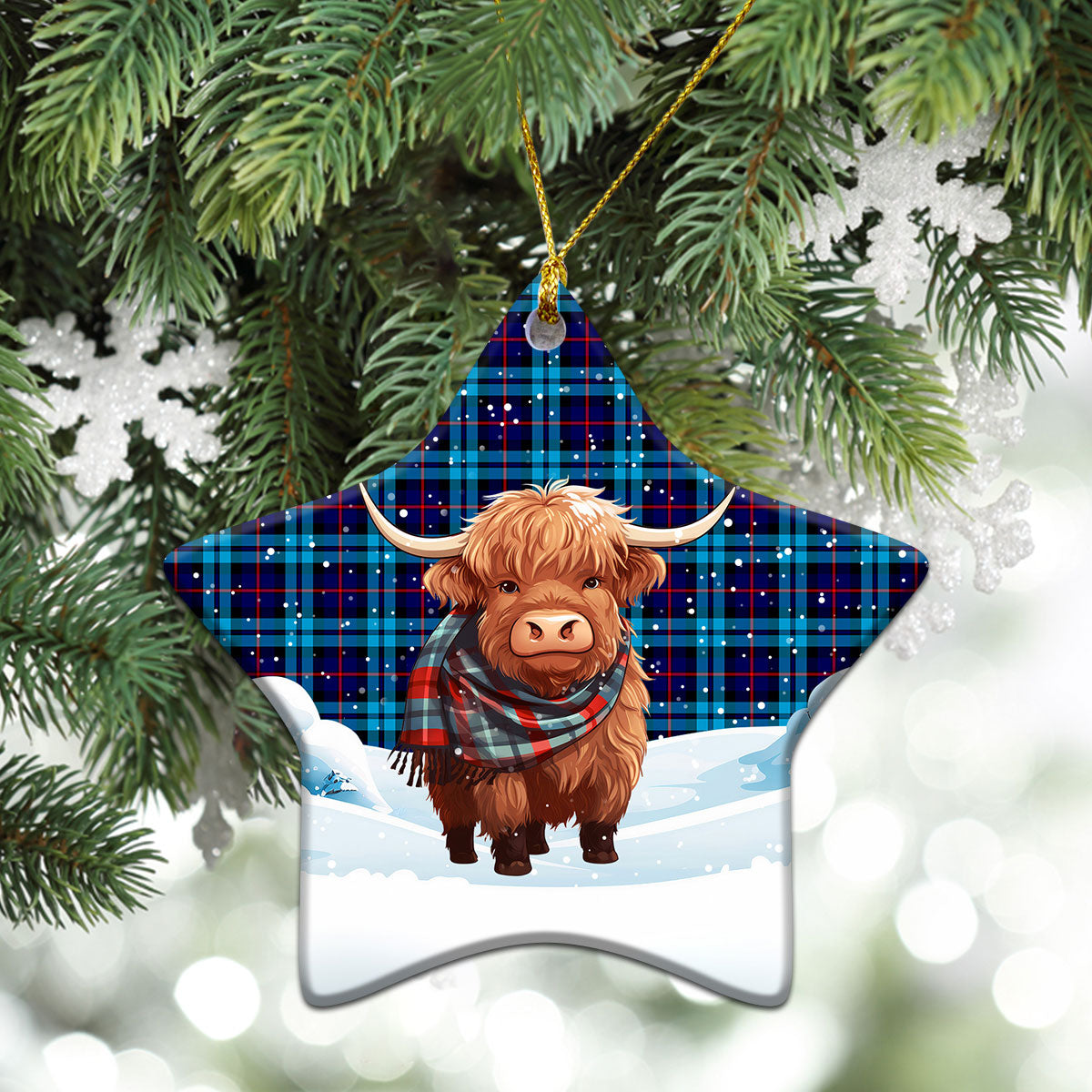 MacCorquodale Tartan Christmas Ceramic Ornament - Highland Cows Snow Style