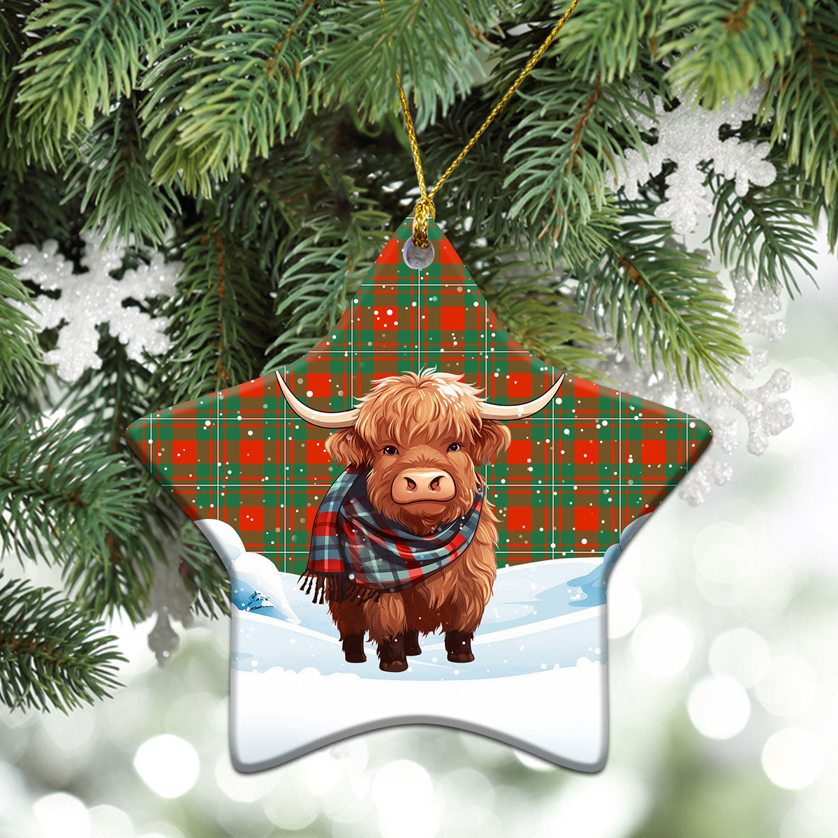 MacGregor Ancient Tartan Christmas Ceramic Ornament - Highland Cows Snow Style