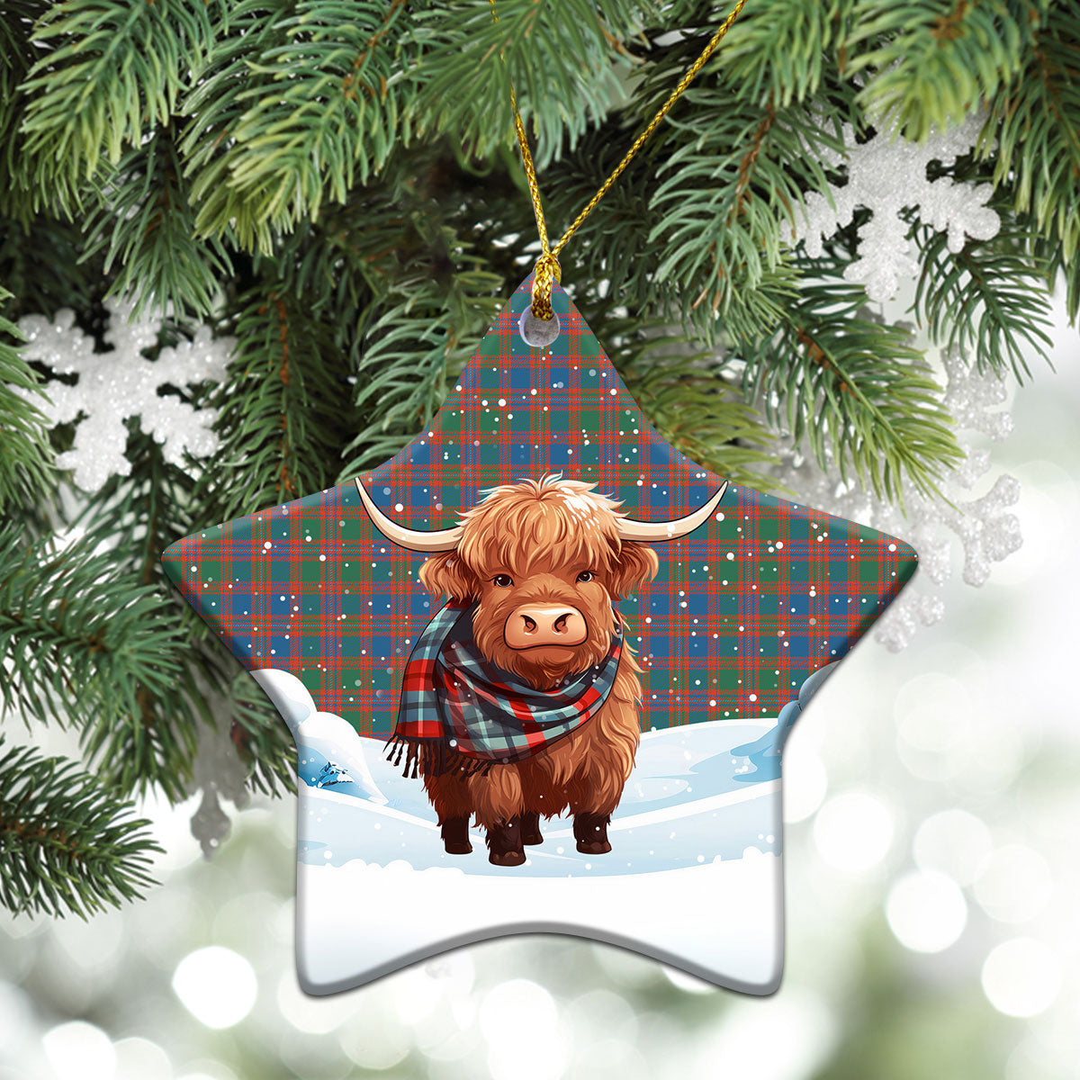 MacIntyre Ancient Tartan Christmas Ceramic Ornament - Highland Cows Snow Style