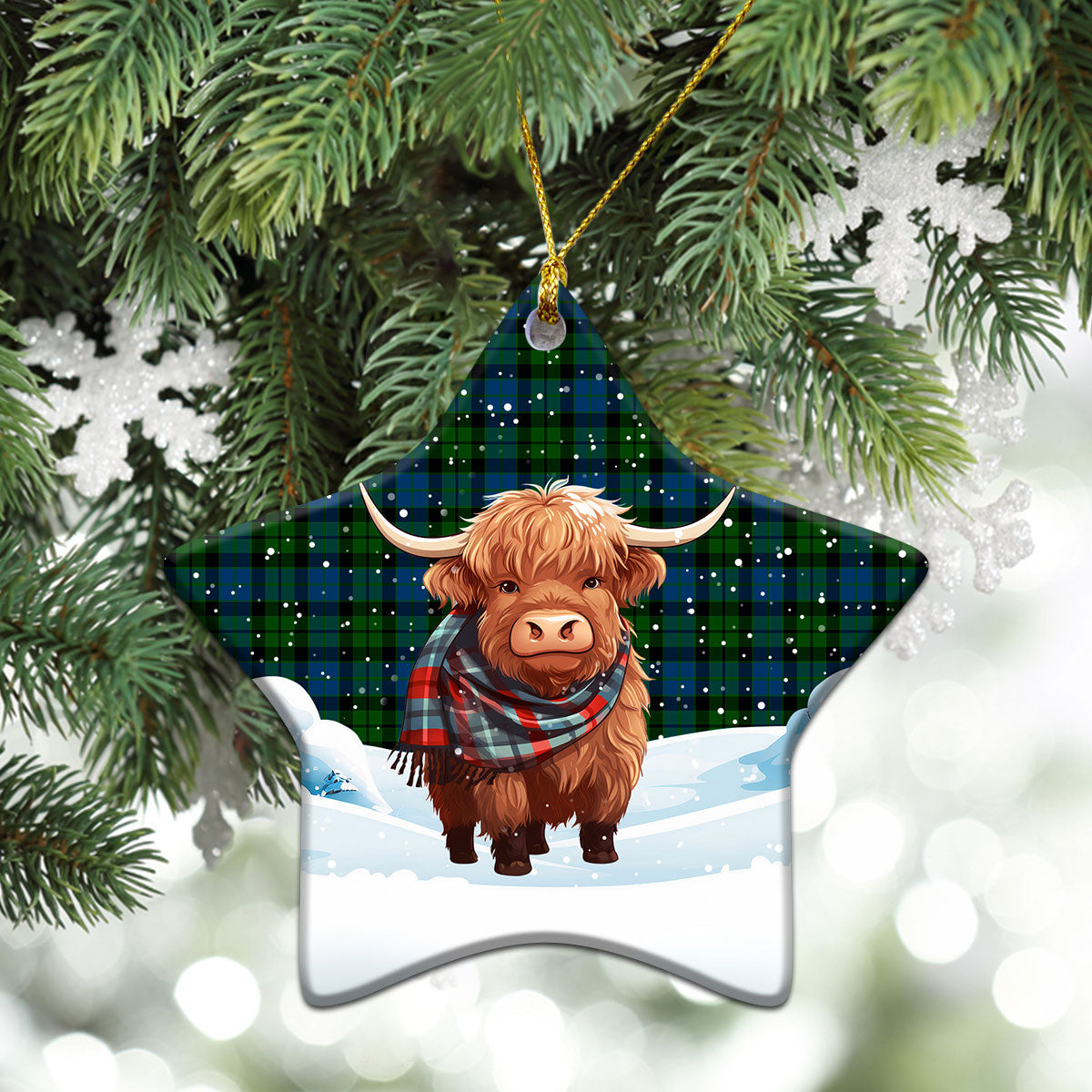 MacKie Tartan Christmas Ceramic Ornament - Highland Cows Snow Style