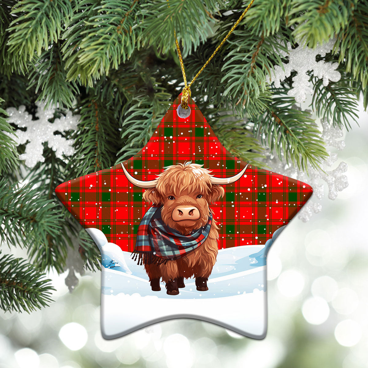 MacQuarrie Tartan Christmas Ceramic Ornament - Highland Cows Snow Style