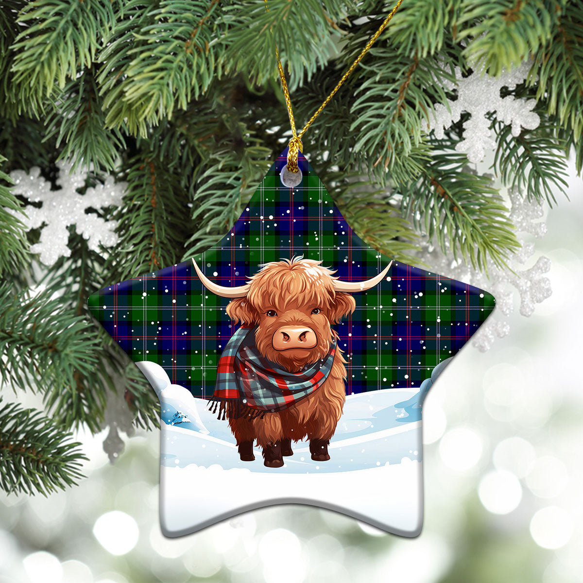 MacThomas Modern Tartan Christmas Ceramic Ornament - Highland Cows Snow Style