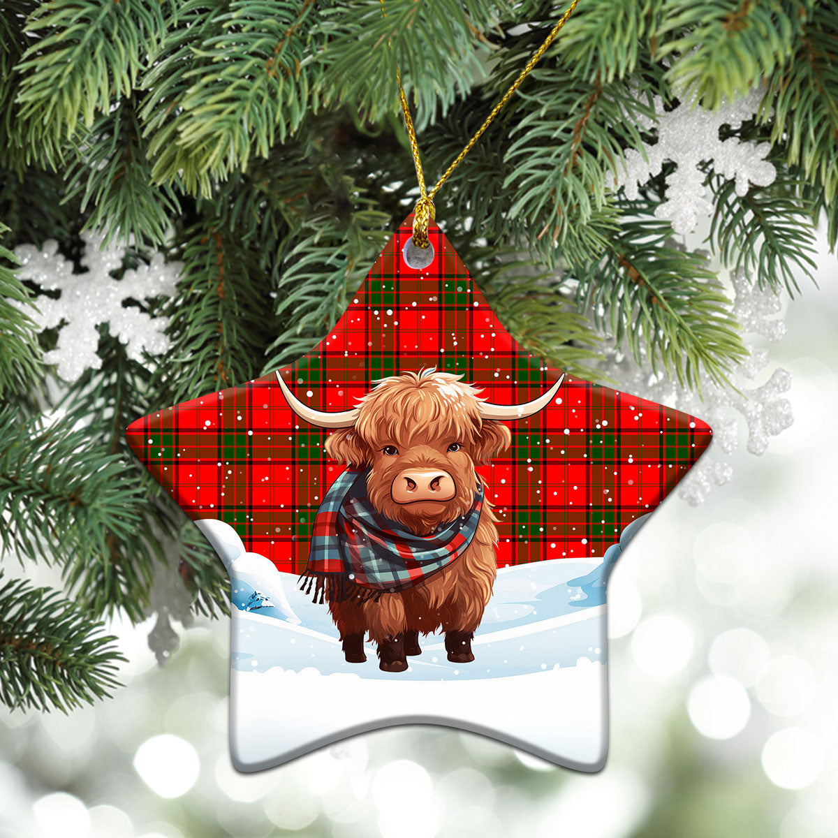 Maxtone Tartan Christmas Ceramic Ornament - Highland Cows Snow Style