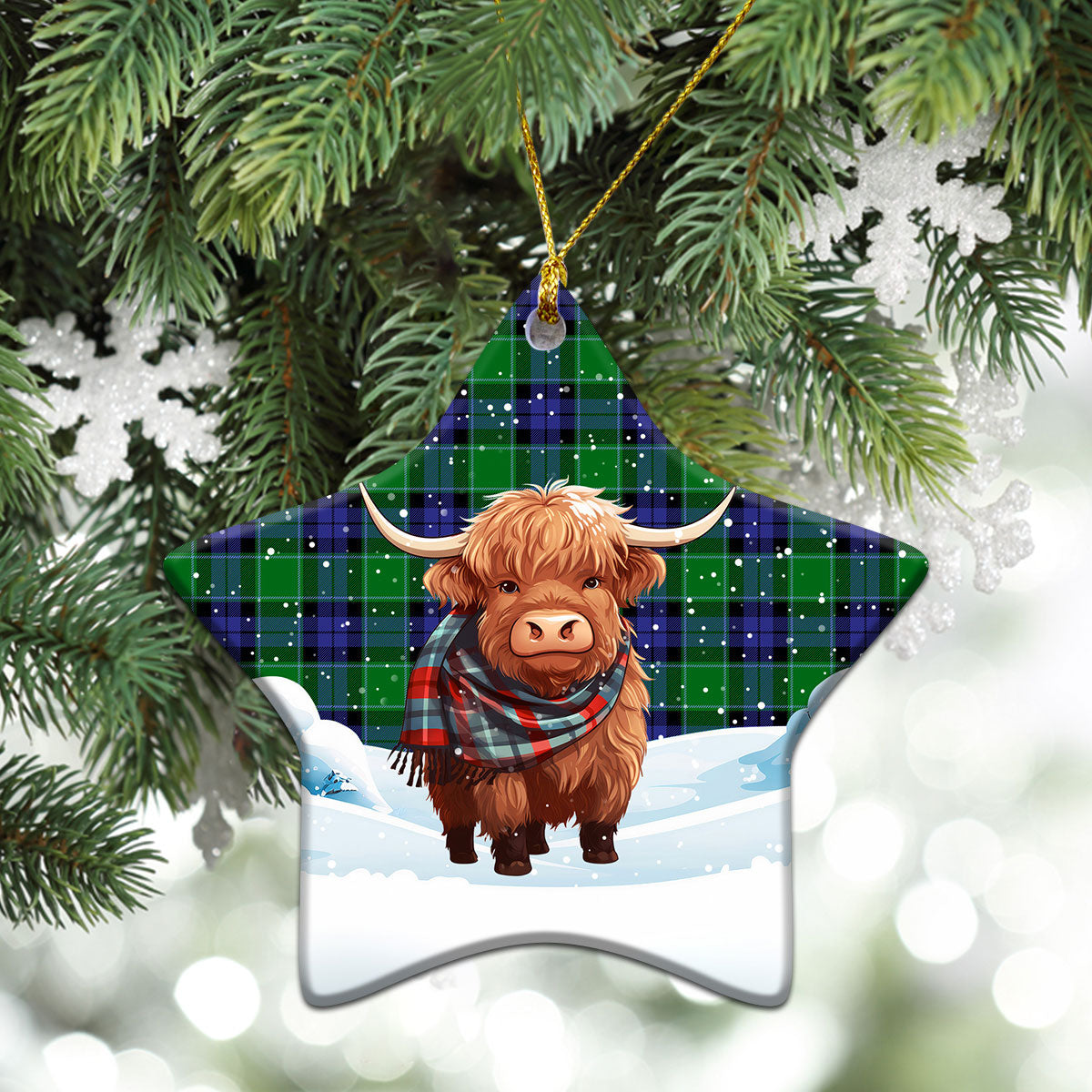 Monteith Tartan Christmas Ceramic Ornament - Highland Cows Snow Style