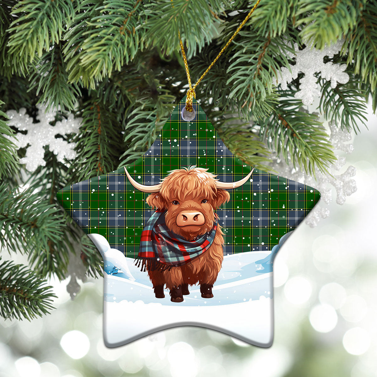Pringle Tartan Christmas Ceramic Ornament - Highland Cows Snow Style