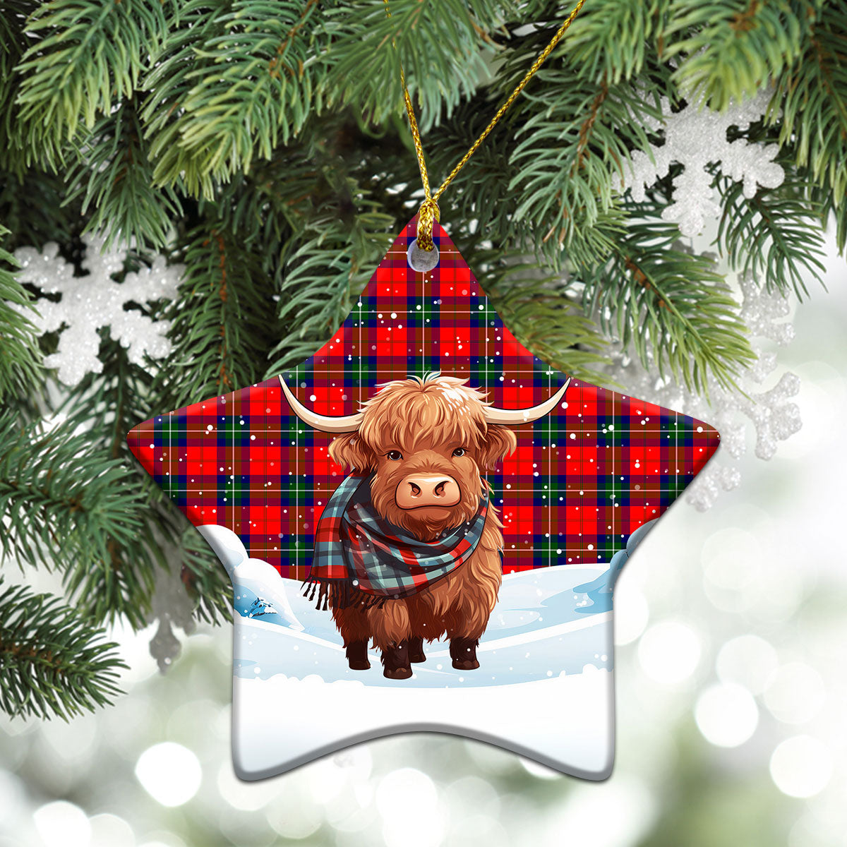 Ruthven Modern Tartan Christmas Ceramic Ornament - Highland Cows Snow Style