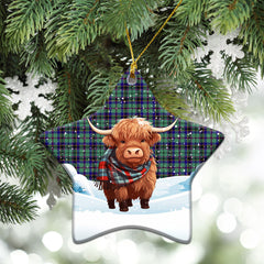 Stevenson Tartan Christmas Ceramic Ornament - Highland Cows Snow Style