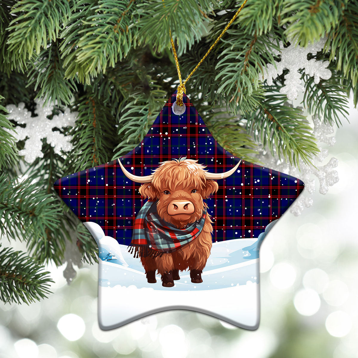 Wedderburn Tartan Christmas Ceramic Ornament - Highland Cows Snow Style