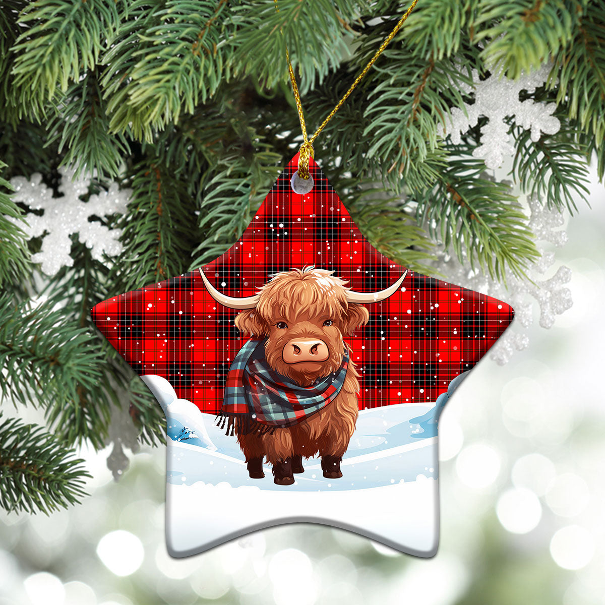 Wemyss Modern Tartan Christmas Ceramic Ornament - Highland Cows Snow Style