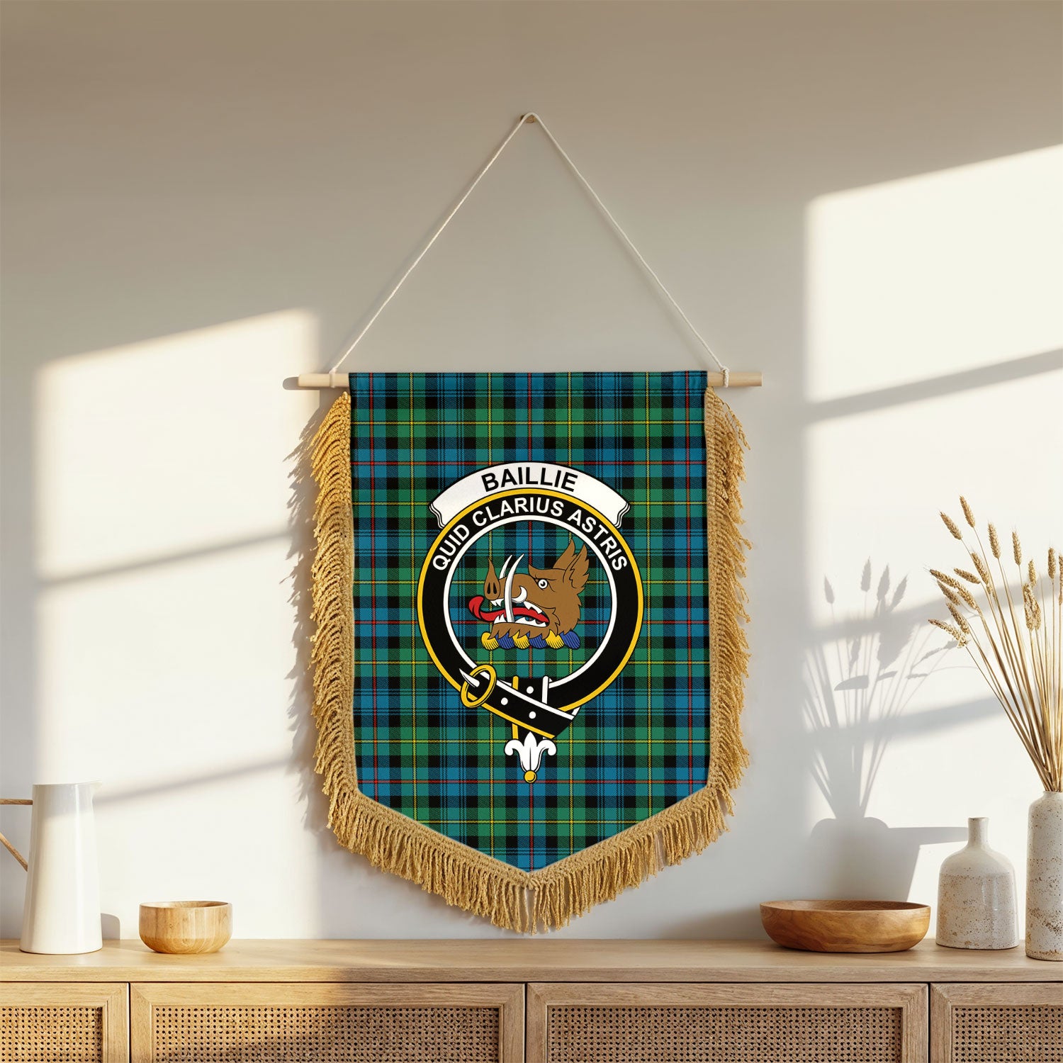 Baillie Ancient Tartan Crest Wall Hanging Banner - Wood Pole