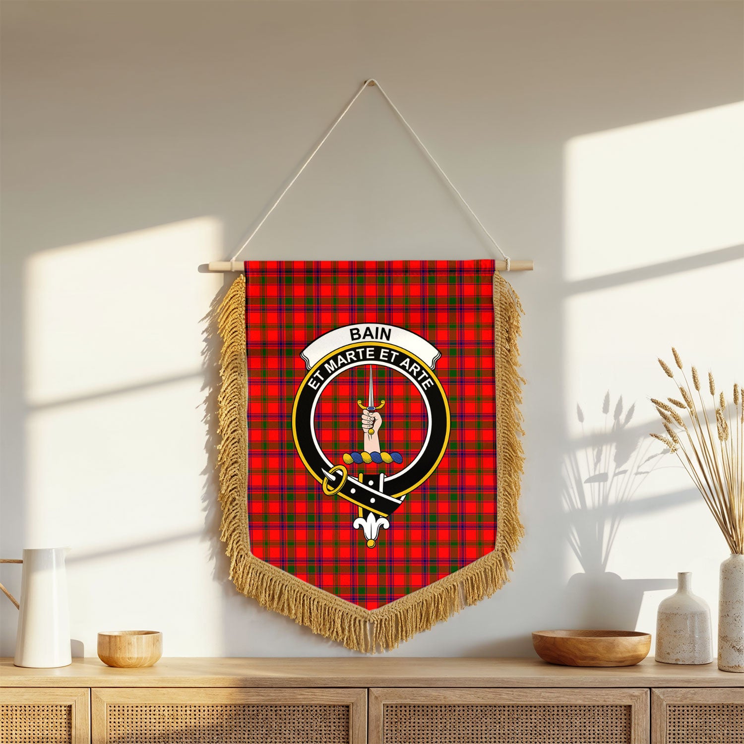 Bain Tartan Crest Wall Hanging Banner - Wood Pole