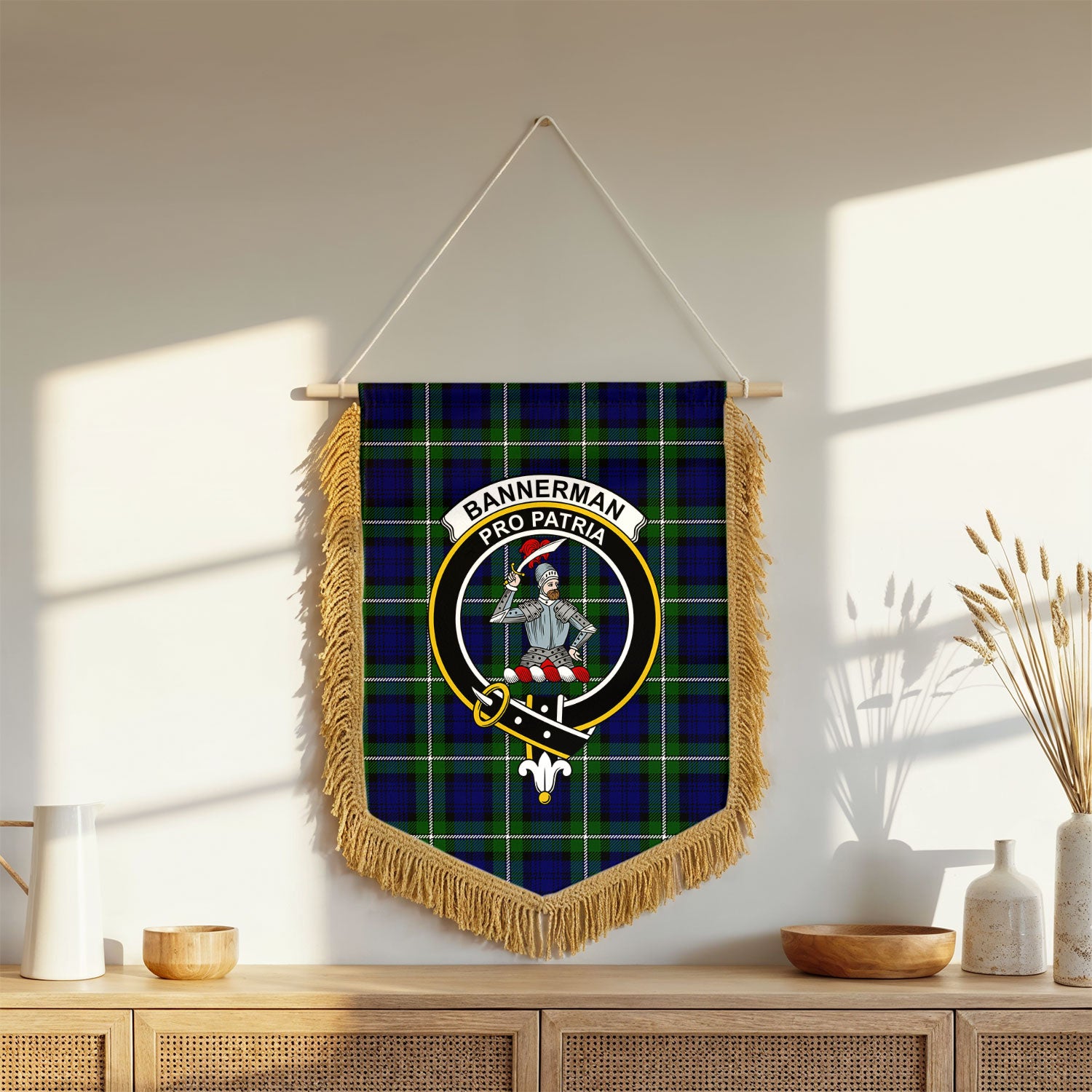 Bannerman Tartan Crest Wall Hanging Banner - Wood Pole