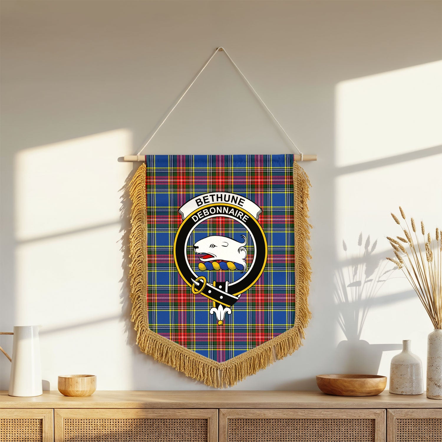 Bethune Modern Tartan Crest Wall Hanging Banner - Wood Pole