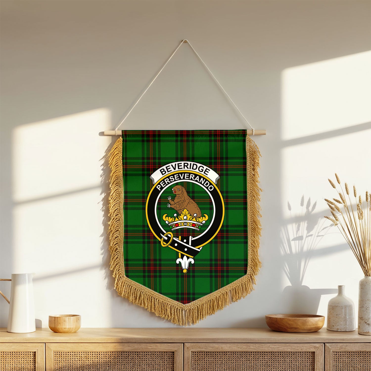 Beveridge Tartan Crest Wall Hanging Banner - Wood Pole